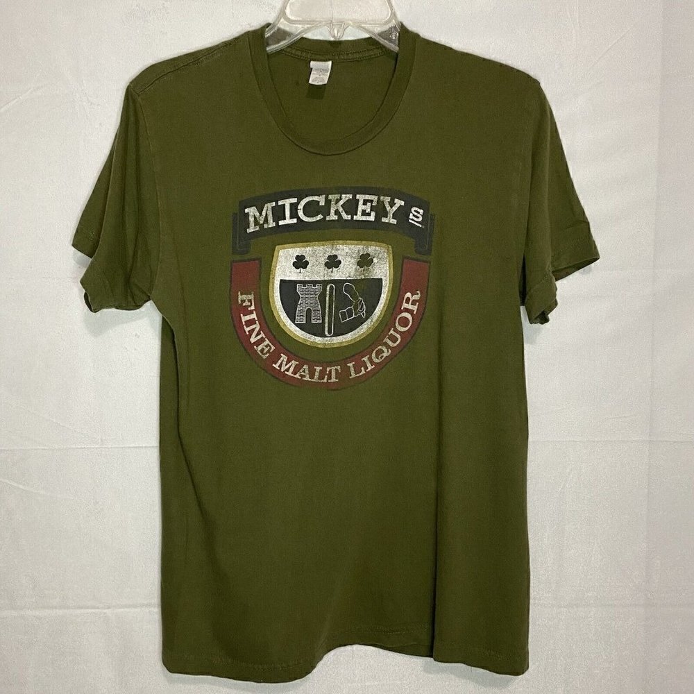 Mickey's Fine Malt Liquor Men's T-Shirt Size Medium Olive Green Distressed